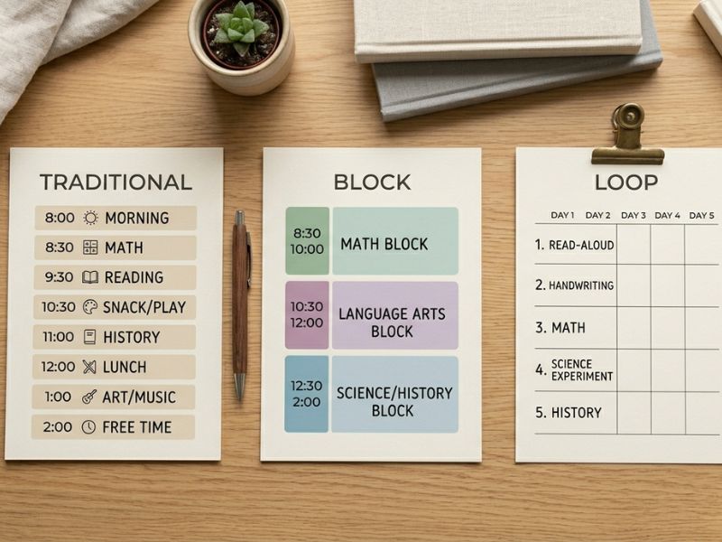 Comparison of homeschool schedule types showing traditional, block, and loop daily plans arranged side by side on a desk - Sample Daily Homeschool Schedules