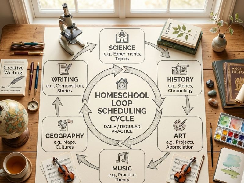 Top-down view of a homeschool table showing a circular loop scheduling chart with subjects like science, history, art, music, geography, and writing, surrounded by books, a microscope, and learning materials in a calm, organized setting - Loop Scheduling for Homeschool