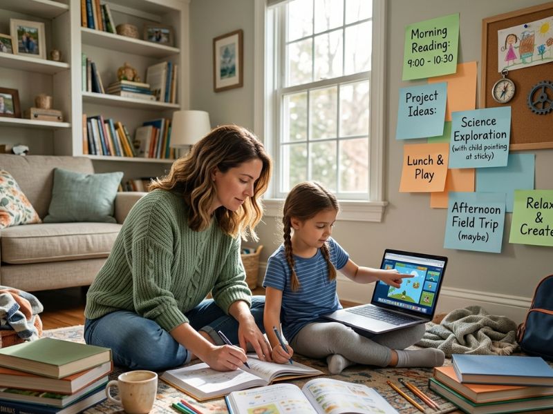 Parent and child homeschooling together on the floor in a cozy living room, using books and a laptop, with a flexible daily schedule written on colorful sticky notes on the wall - Flexible Homeschool Schedules