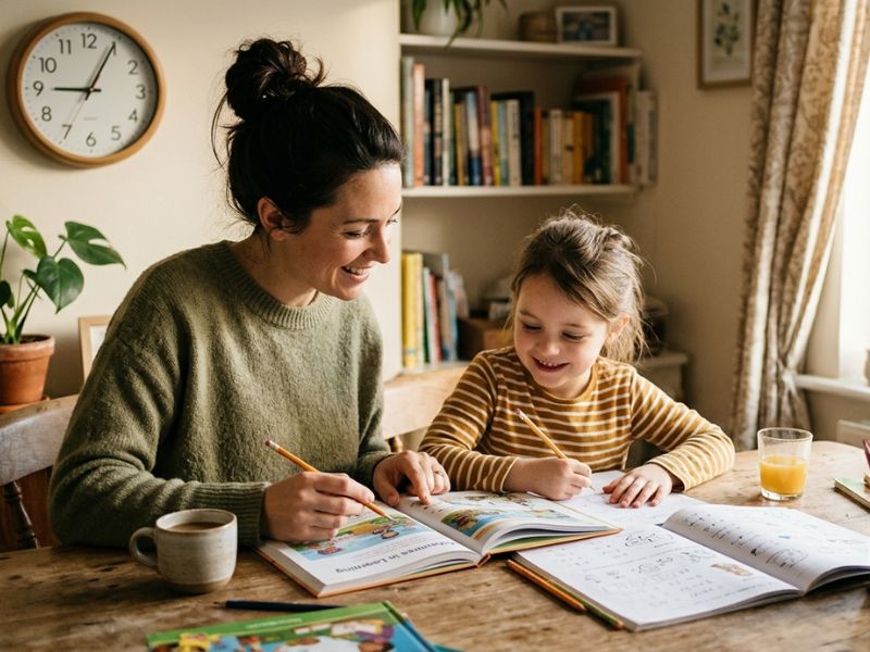 Homeschool learning at home with parent helping child read and study while a clock shows short study hours - How Long Should Homeschool Take?