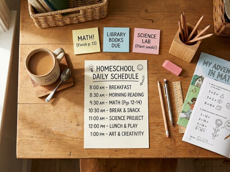 Homeschool daily schedule planner on a wooden table with sticky notes, pencils, coffee mug, and learning materials in a cozy home study setup - Homeschool Schedule & Daily Routine Guide