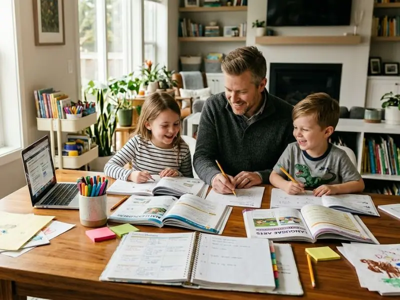 A teacher homeschooling two children at a kitchen table with books, worksheets, laptop, and colorful learning supplies in a bright home environment - How to Become a Homeschool Teacher