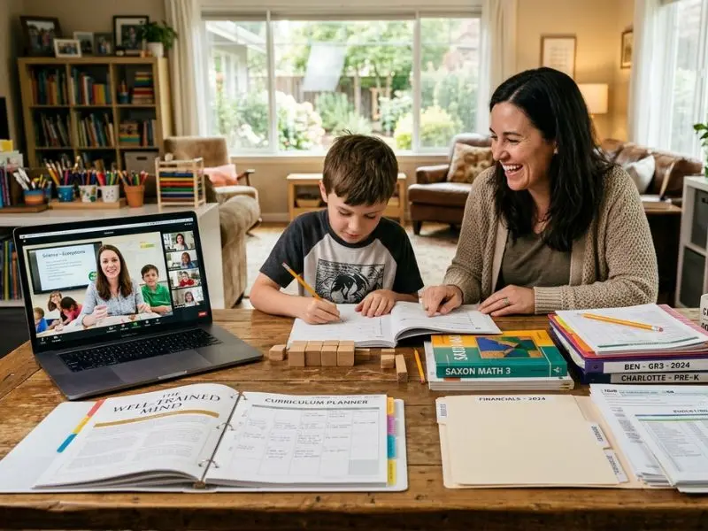 Homeschool parent helping a child with schoolwork at a kitchen table while an online teacher appears on a laptop screen during a virtual homeschool lesson - Do Homeschool Teachers Get Paid?