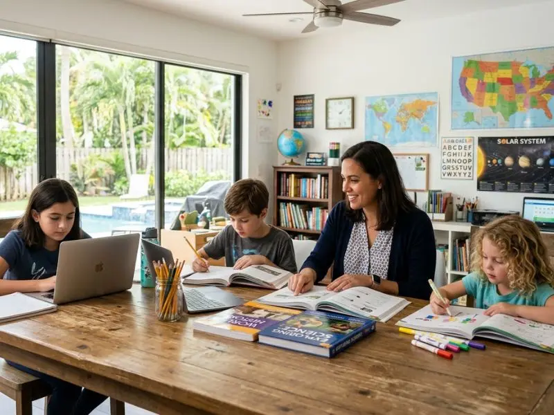 Homeschool teacher guiding children during a home learning session in a bright Florida-style homeschool classroom, students using laptops, books, and worksheets at a wooden table with educational maps and posters in the background - How to Become a Homeschool Teacher in Florida