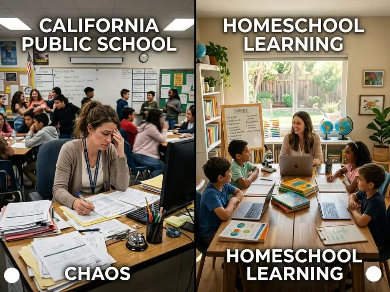 Split-screen comparison showing a stressed teacher managing a crowded California public school classroom on one side and a calm homeschool learning environment on the other, where a homeschool teacher works with a small group of students around a table using laptops, books, and hands-on learning materials - How to Become a Homeschool Teacher in California