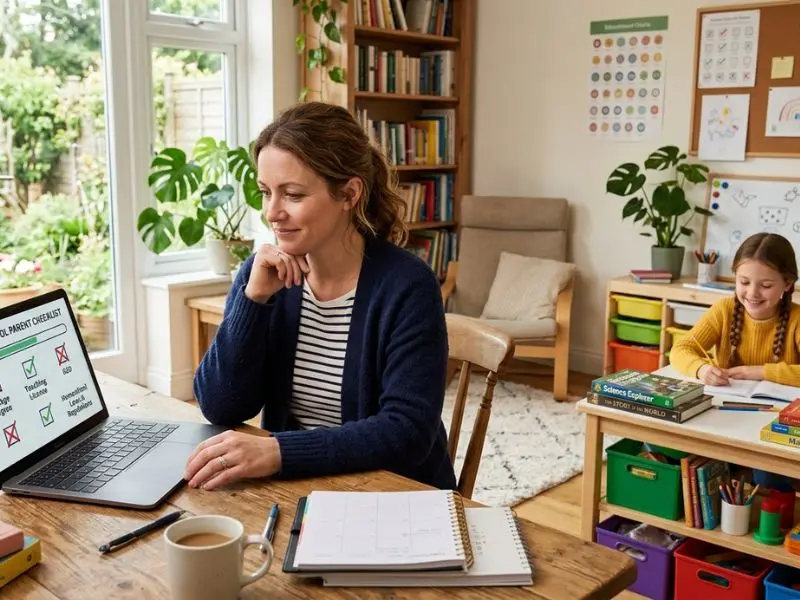 Parent reviewing homeschool requirements on a laptop while a child studies independently at a learning table in a bright home classroom setting - Do You Need a Degree to Homeschool?
