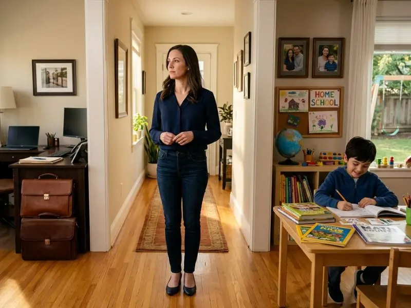 Parent standing thoughtfully between a home office and a homeschool learning space while a child studies at a table, illustrating the decision between working and homeschooling - Can Parents Be Paid to Homeschool?