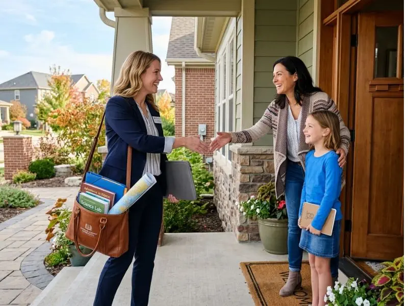 Private homeschool teacher arriving at a family home and greeting a parent and child at the front door, carrying educational materials and teaching supplies for personalized homeschool instruction - Hiring a Private Homeschool Teacher