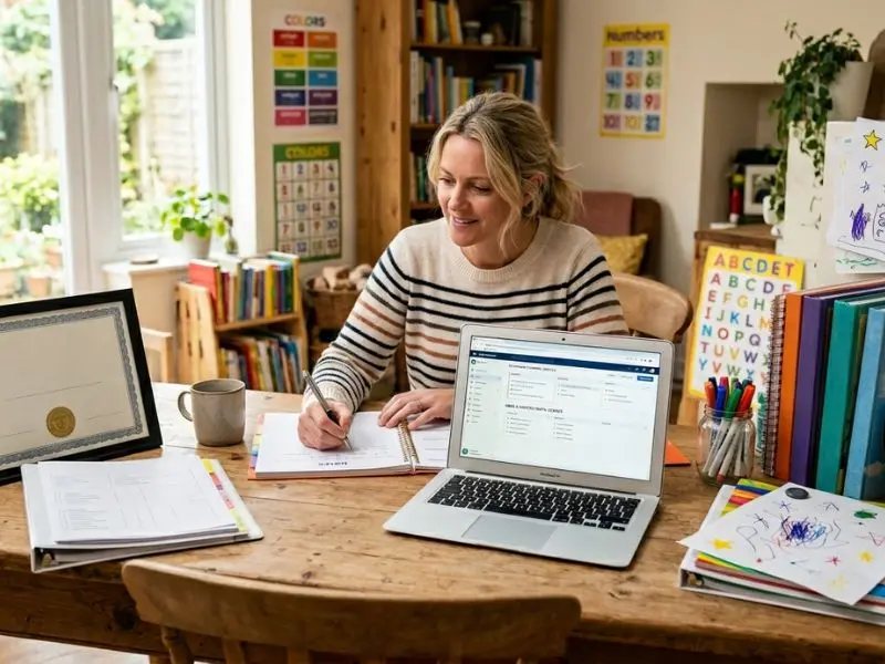 Parent reviewing homeschool lesson plans and certification documents at a home learning workspace with a laptop, educational materials, and organized teaching resources - Homeschool Teacher Certification