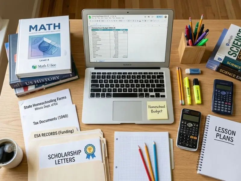 Homeschool budget planning workspace with curriculum books, scholarship letters, ESA funding records, tax documents, lesson plans, calculators, and a laptop displaying a homeschool expense spreadsheet - Homeschool Grants, Funding & Tax Benefits