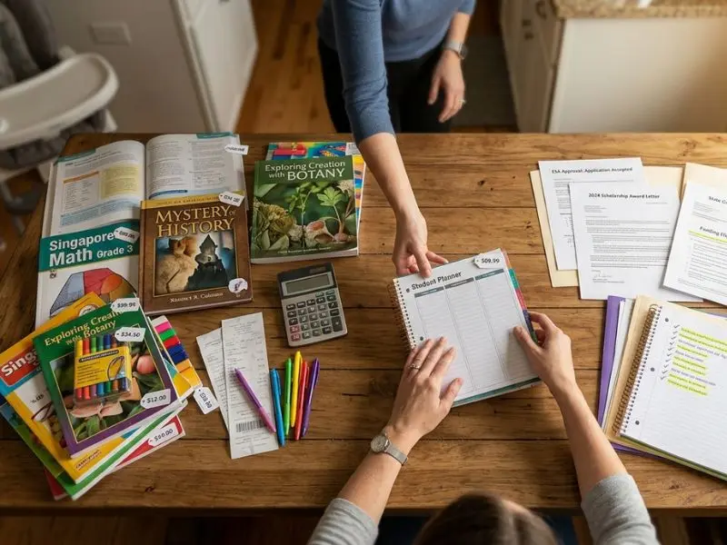 Overhead view of a homeschool budget planning session with curriculum books, educational supplies, receipts, a calculator, and homeschool funding approval documents, illustrating the cost of homeschooling and financial assistance planning - Are There Grants for Homeschooling?
