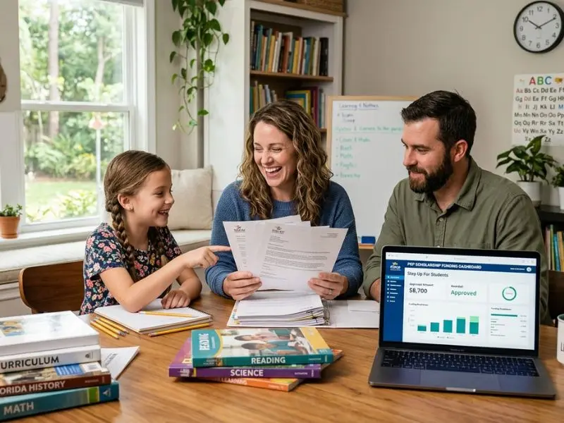 Florida homeschool family reviewing scholarship funding documents at a dining table, with curriculum books, learning materials, and a laptop displaying an approved homeschool funding dashboard - Florida Homeschool Grants