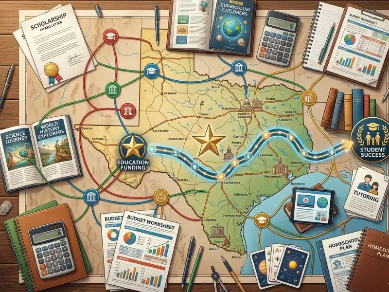 Texas homeschool grants infographic showing a Texas state map connected to educational funding pathways, scholarship letters, curriculum books, budget worksheets, calculators, tutoring resources, and student success icons, illustrating how homeschool funding can support curriculum, online learning, and educational expenses - Texas Homeschool Grants