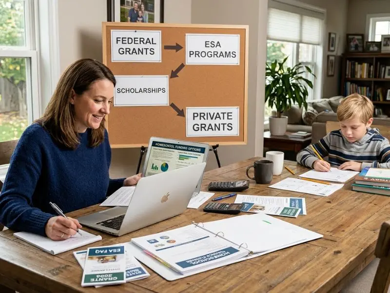 Parent reviewing homeschool funding options on a laptop while a child studies at a table, with a visual board showing federal grants, ESA programs, scholarships, and private grants in a home learning environment - Federal Grants for Homeschooling