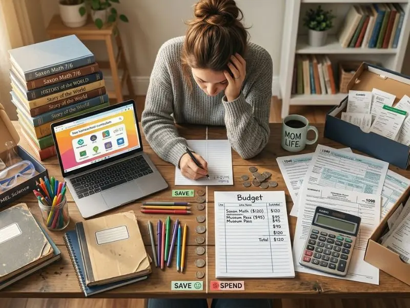Homeschool parent reviewing curriculum expenses and tax paperwork while creating a homeschool budget, with books, school supplies, calculator, receipts, and online learning resources on a desk - Are Homeschool Expenses Tax Deductible?