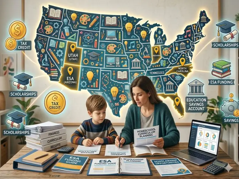 Homeschool parent and child reviewing curriculum and education funding resources at a table, with a U.S. map displaying homeschool tax credits, ESA programs, scholarships, and education savings opportunities by state - Homeschool Tax Credits by State