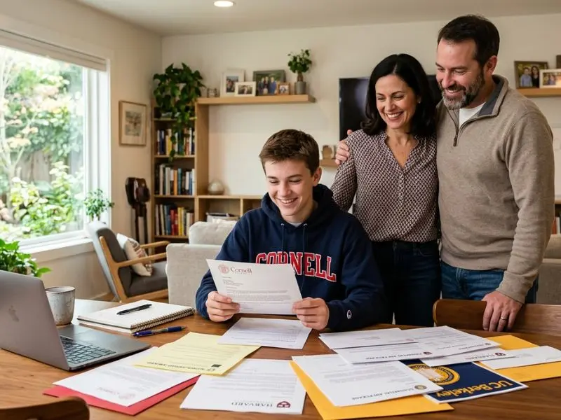 Homeschooled high school student reading a college acceptance and scholarship award letter while smiling parents stand beside him at a dining table covered with financial aid and college application documents - Scholarships for Homeschoolers