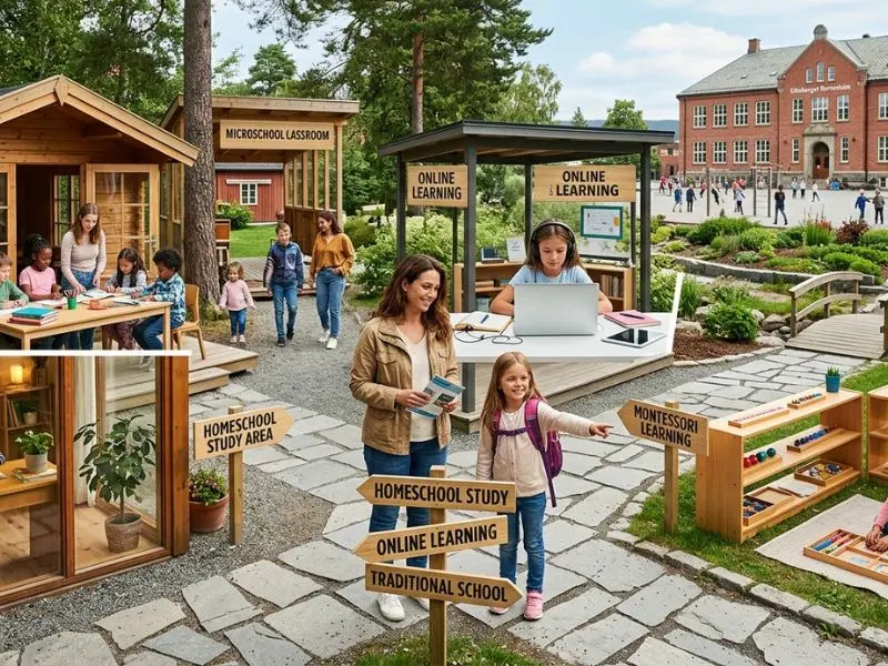 Parent and child exploring alternative education options with signs pointing to homeschooling, online learning, Montessori education, microschool classrooms, and traditional school pathways in a modern learning environment - Alternative Education Options Beyond Traditional School