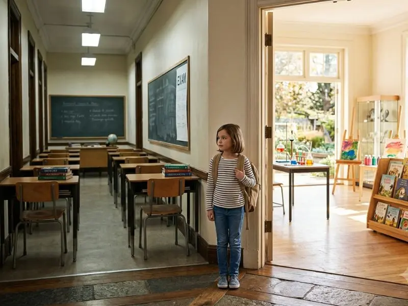 Child standing between a traditional classroom with desks and chalkboards and a bright creative learning space with books, art supplies, and hands-on educational activities, illustrating the choice between conventional schooling and child-led learning - What Is Unschooling?