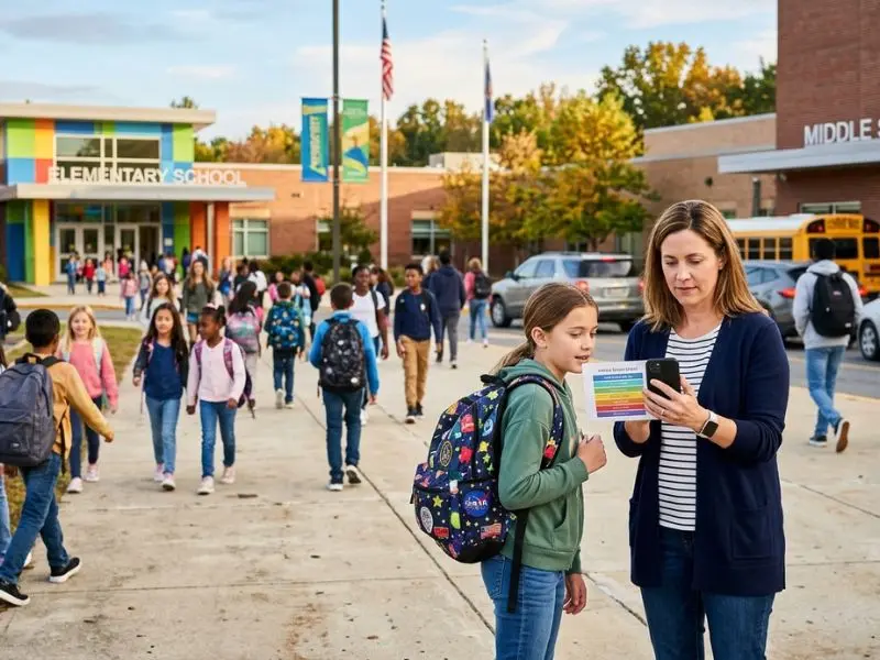 Parent checking a school grade chart with an 11-year-old child outside an American elementary and middle school, illustrating how school cutoff dates affect grade placement - what grade is a 11 year old in