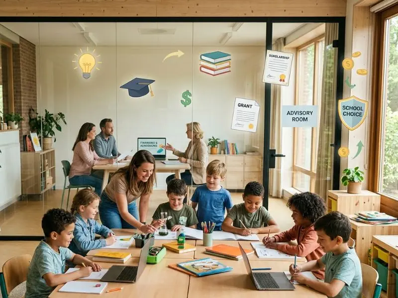 Teacher guiding children in a modern microschool classroom while parents discuss education funding in a nearby advisory room, illustrating microschool grants, scholarships, and school choice opportunities - Microschool grants