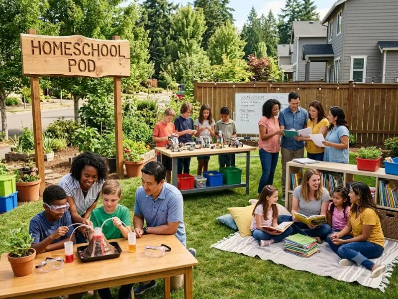 Families and children participating in a homeschool pod, working together on science experiments, reading, and collaborative learning activities in a backyard outdoor classroom - Homeschool Pods Explained
