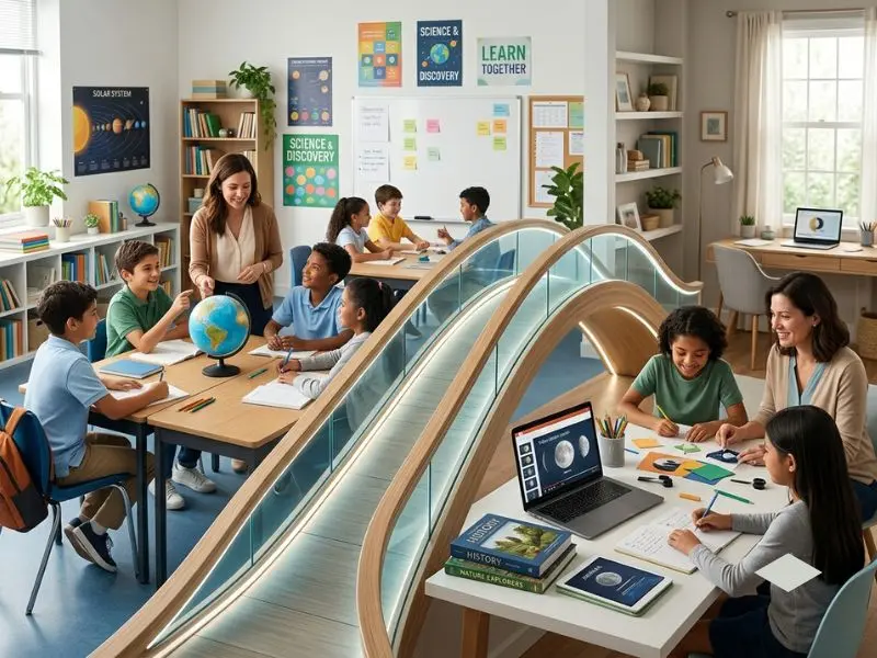 Illustration of a hybrid school where students learn in a classroom with a teacher on one side and continue guided learning at home with a parent and laptop on the other, connected by a bridge symbolizing the hybrid education model - Hybrid School Meaning