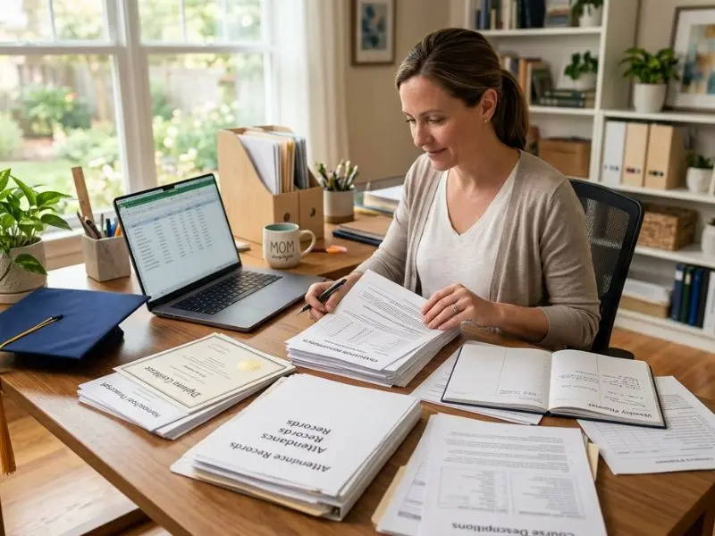 Homeschool parent reviewing transcripts, diplomas, and academic records at a home office desk while organizing graduation documents on a laptop and paperwork - Homeschool Records, Diplomas & Graduation