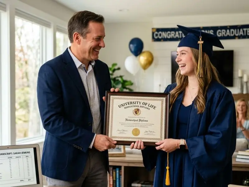 Parent presenting a homeschool diploma to a smiling graduate in a cap and gown during a homeschool graduation celebration, symbolizing successful homeschool completion and diploma recognition - Is a Homeschool Diploma Valid?