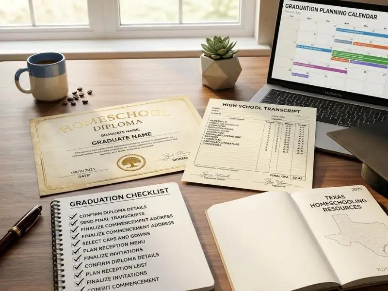 Homeschool diploma, high school transcript, graduation checklist, and graduation planning calendar arranged on a desk for Texas homeschool graduation preparation - How to Get a Homeschool Diploma in Texas