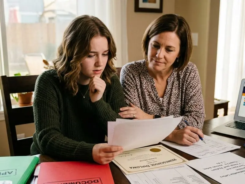 Homeschool parent and teenage graduate reviewing a homeschool diploma, transcript, and academic documents together while preparing for diploma verification or a college application - How to Verify a Homeschool Diploma