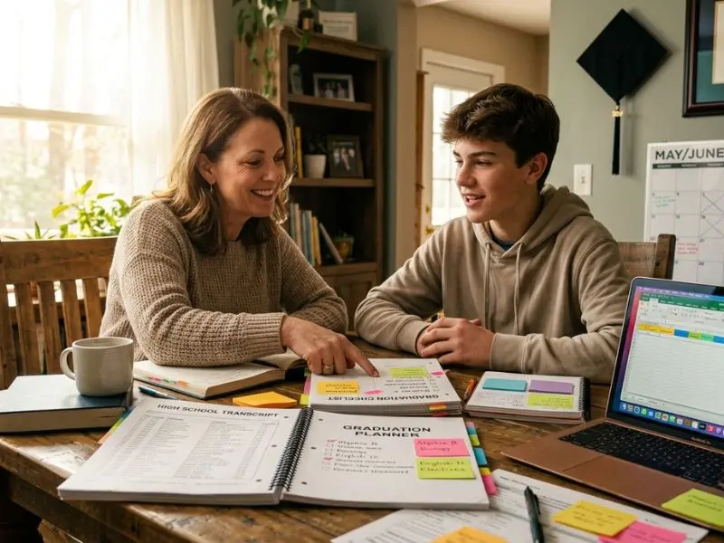 Parent and homeschooled teenager reviewing a high school graduation planner, transcript, course checklist, and academic records together at a dining table while planning homeschool graduation requirements - Homeschool Graduation Requirements