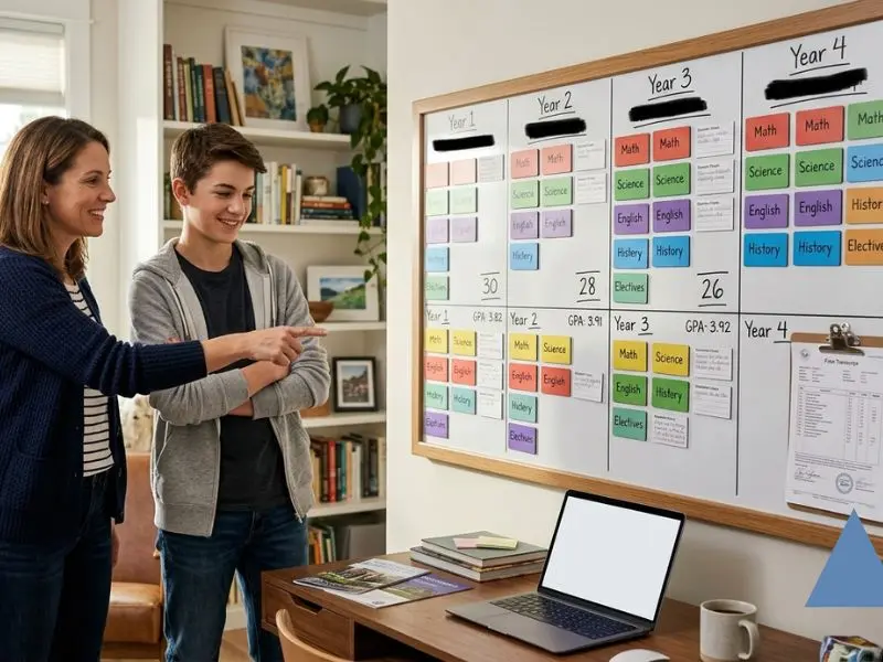 Homeschool parent and high school student reviewing a four-year academic plan and homeschool transcript on a planning board before graduation - Homeschool Transcript Guide