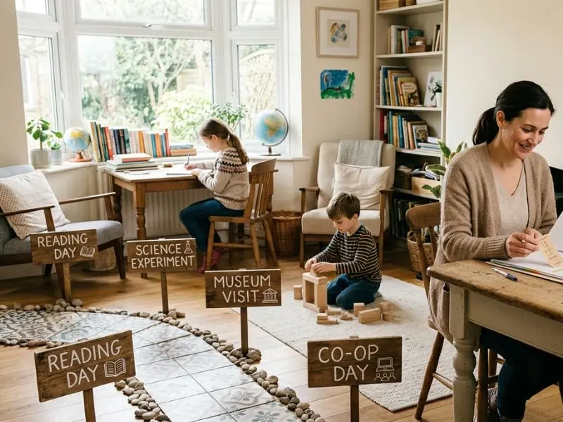 Parent organizing homeschool attendance records while children complete reading, science, museum-inspired, and co-op learning activities in a bright home classroom - Homeschool Attendance Records