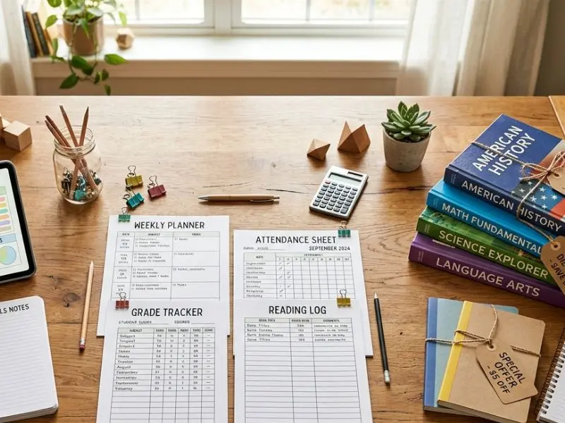 Homeschool tools and templates arranged on a wooden desk, including a weekly planner, attendance sheet, grade tracker, reading log, calculator, educational books, and budget notebook for organized homeschool planning - Homeschool Tools, Templates & Discounts