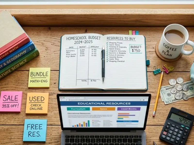 Homeschool budget planning workspace with curriculum books, laptop, budget notebook, calculator, coffee, sticky notes for sales, bundle offers, used resources, and savings planning - Homeschool Discounts & Deals
