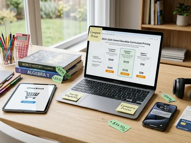 Homeschool shopping desk with a laptop comparing education pricing, books, tablet, and school supplies to help families save on learning expenses - Apple & Retail Discounts for Homeschoolers