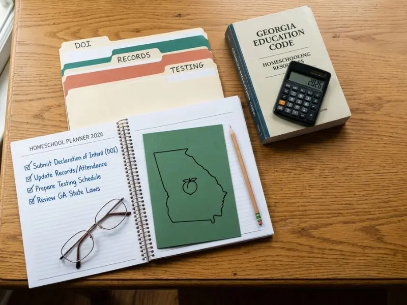 Georgia homeschool laws planning desk with 2026 homeschool planner, DOI records, testing folders, Georgia map, and education resources - Georgia Homeschool Laws