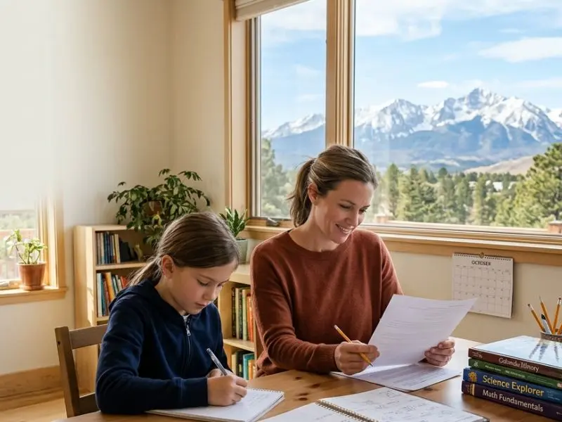 Parent reviewing Colorado homeschool paperwork while child studies at home with Rocky Mountains in the background - Colorado Homeschool Laws