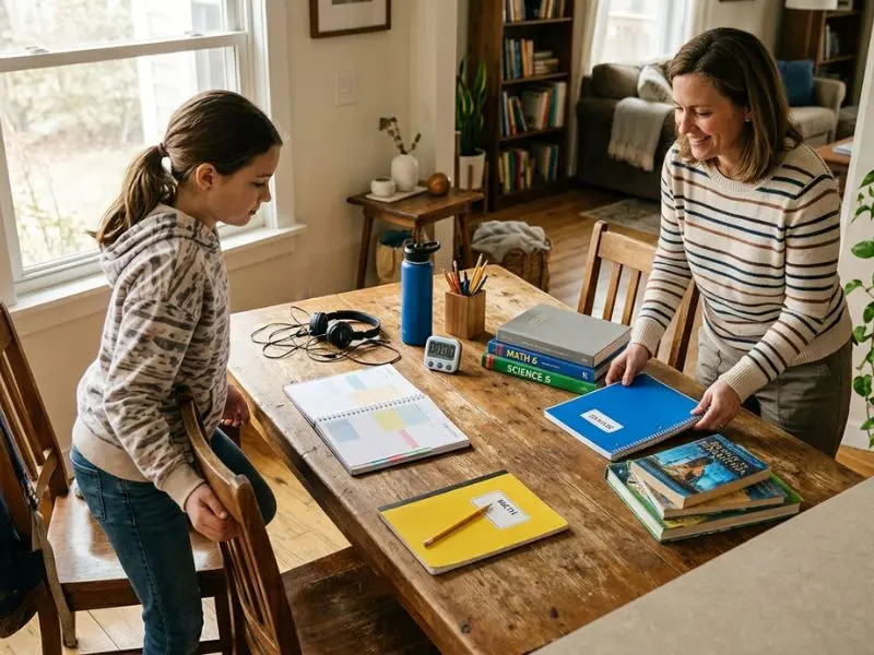Sixth grade homeschool student and parent preparing books, notebooks, and a planner for a daily homeschool schedule at home - 6th Grade Homeschool Schedule