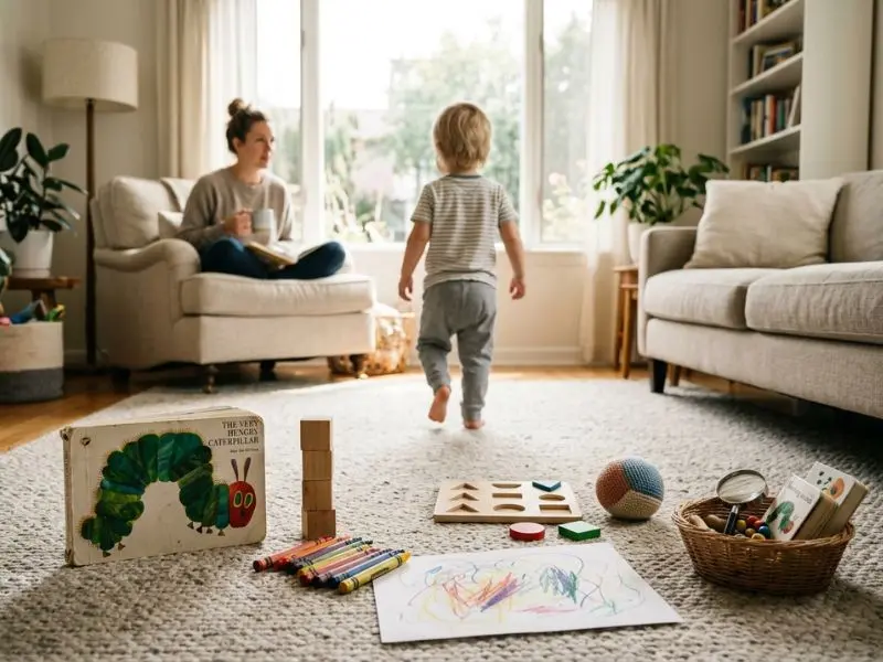 Toddler learning at home with books, blocks, crayons, puzzles, and other homeschool activities - Homeschool for Toddlers
