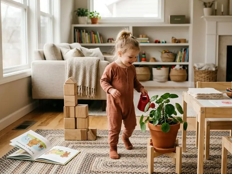 Toddler exploring a homeschool learning space with books, blocks, art supplies, and a plant - Toddler Homeschool Curriculum