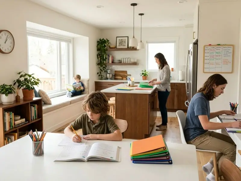 Homeschool schedule by grade with children studying at different levels in a flexible home learning space - Homeschool Schedule by Grade