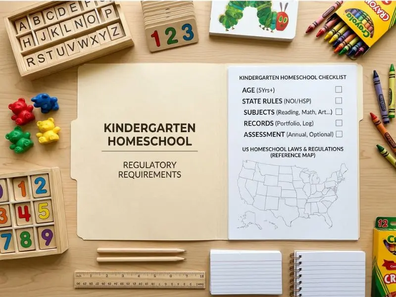 Kindergarten homeschool requirements checklist with learning materials and U.S. map - Kindergarten Homeschool Requirements