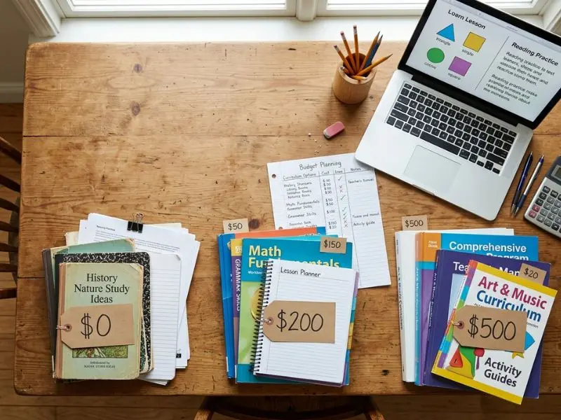 Cheapest homeschool curriculum budget comparison showing $0, $200, and $500 learning options with books, laptop, and planning sheet - Cheapest Homeschool Curriculum
