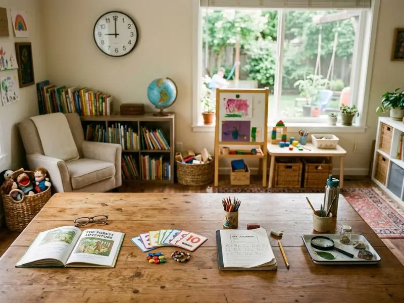 First grade homeschool workspace with books, learning materials, clock, and hands-on activities - 1st Grade Homeschool Hours