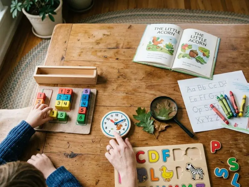 Kindergarten homeschool learning table with books, counting blocks, alphabet activities, crayons, a clock, and nature materials - Kindergarten Homeschool Hours
