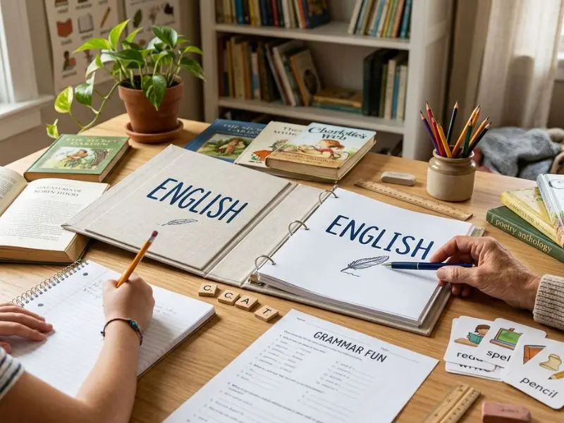 English homeschool curriculum binder with reading, writing, grammar, spelling, and learning materials on a study table - English Homeschool Curriculum