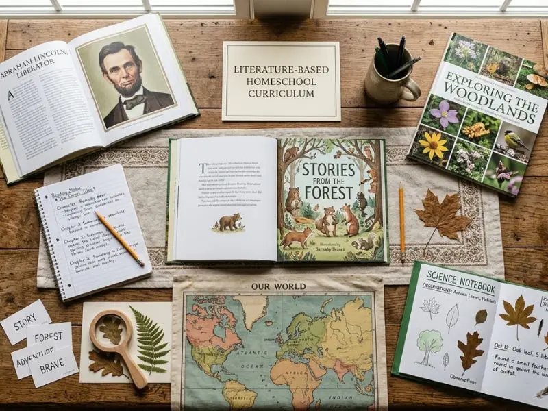 Literature-based homeschool curriculum with storybooks, biography, nature study, world map, and science notebook arranged on a learning table - Literature Based Homeschool Curriculum