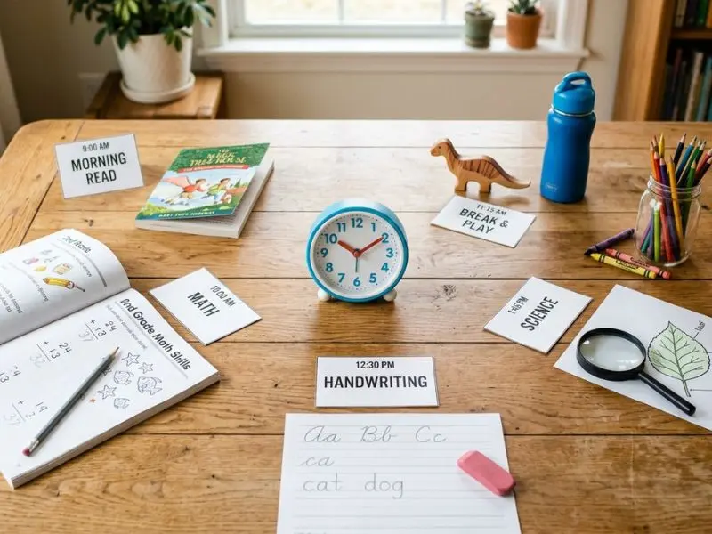 2nd grade homeschool hours shown with a clock, books, math, handwriting, science, and break activities on a learning table - 2nd Grade Homeschool Hours